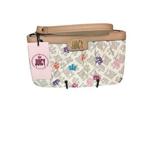 Juicy Couture White Tan Multi Crown Logo Wristlet Wallet Pouch Gold Logo NWT